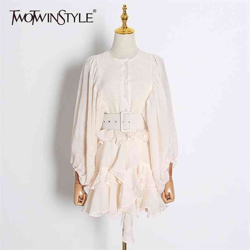 TWOTWINSTYLE Vintage Patchwork Ruffles Women Dresses O Neck Lantern Long Sleeve High Waist With Sashes Dress Female Fashion 210630, Apricot 
TWOTWINSTYLE Vintage Patchwork Ruffles Women Dresses O Neck Lantern Long Sleeve High Waist With Sashes Dress Female Fashion 210630, Apricot