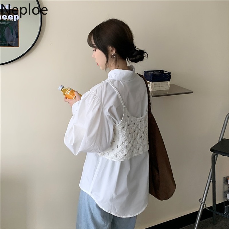 Neploe Two Piece Set Women Spring Suit Loose Shirt Tops Knitted Hollow Out Short Vest Korean Fashion 2 Piece Set Female 210422
