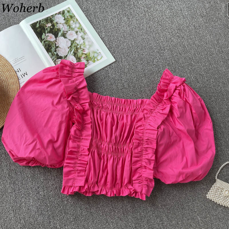 Sweet Blouses Women Square Collar Puff Sleeve Pleated Shirt Sexy Lady Elegant Fashion Crop Tops Korean Ruffles Blusas 210519