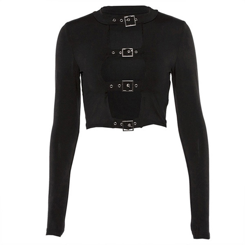 Sexy Women Crop Tops Hollow Out Buckle Long Sleeve Female Bodycon Tops Gothic Punk Black Tops Streetwear Party Lady Tee 210406