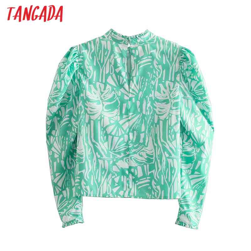 Women Retro Green Print Blouse Long Sleeve Stand Collar Female Casual Loose Shirt Blusas Femininas CE129 210416