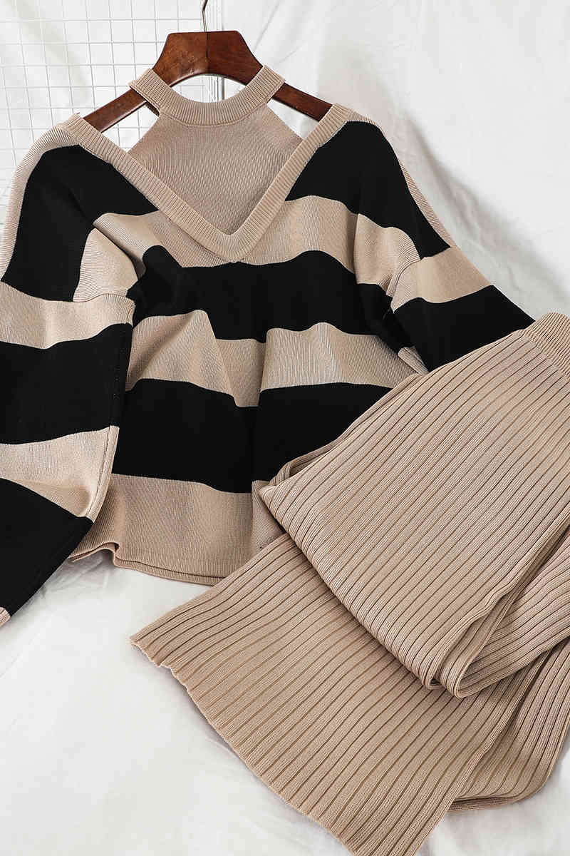 2PCS Set Women Knitted Pullovers Sweater Halter Stripe Knit Jumper Tops + Wide Leg Long Pants Suits Tracksuits 1G693 210430