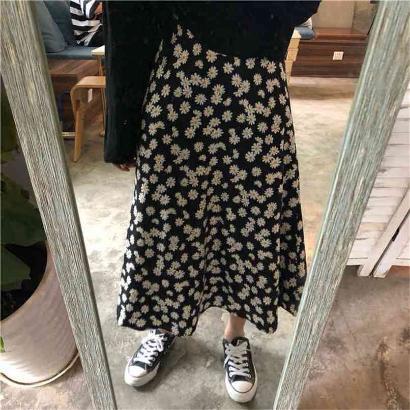 Vintage Floral Print Ruffle Pleated Long Skirts Summer Women Korean Streetwear Drawstring Elastic Waist Midi S-xxl 210619