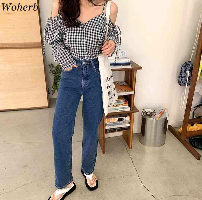 Plaid Sexy Spaghetti Strap Blouses Women Vintage Off Shoulder Loose Korean Shirts Casual Bow Lace-up Blouse Tops Mujer 210519