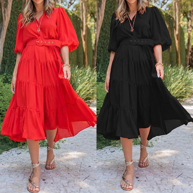 Women Dress V Neck Lantern Sleeve Bohemian es High Waist Large Hem Loose Casual Plus Size Summer Beach es 210513