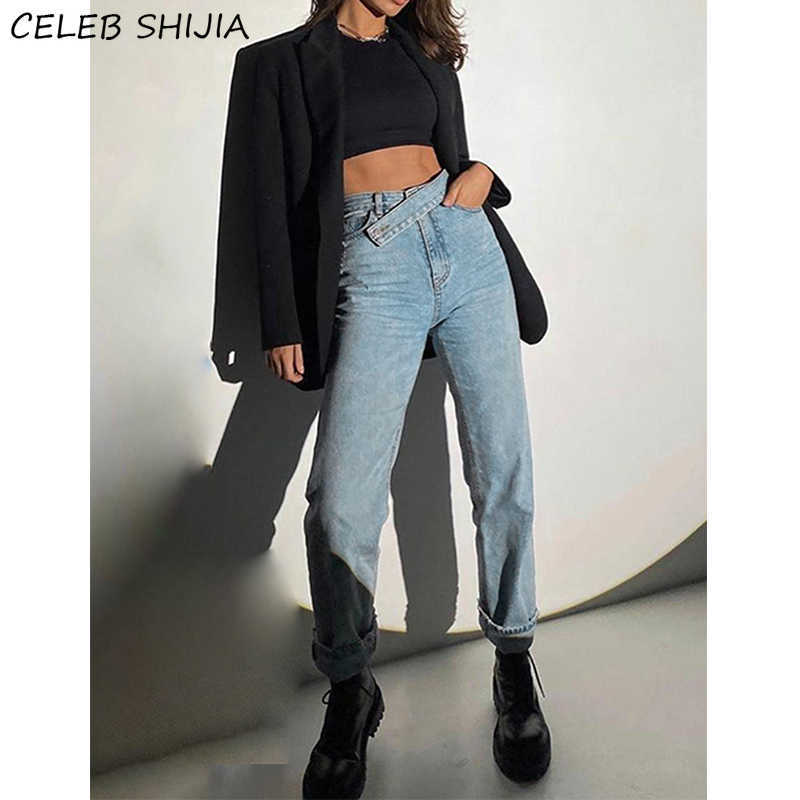 Vintage High Waist Denim Jeans Woman Inclined Belt Light Blue Straight Leg Pants Female Streetwear Chic Y2k for Mom 210809