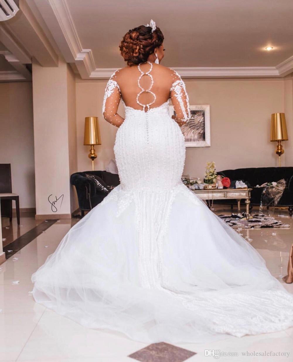 2022 Beading Mermaid Dresses Long Sleeve Appliques Pearls African Wedding Gowns Plus Size Bridal Vestido De Noiva Bc3027