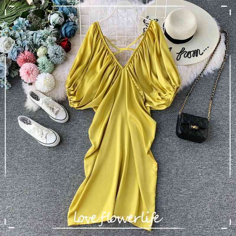 Retro Solid Plated Fashion Vestidos Elegant Korean Puff Sleeve Women Dress Summer V-neck Midi Dresses 210521, Yellow
Retro Solid Plated Fashion Vestidos Elegant Korean Puff Sleeve Women Dress Summer V-neck Midi Dresses 210521, Yellow