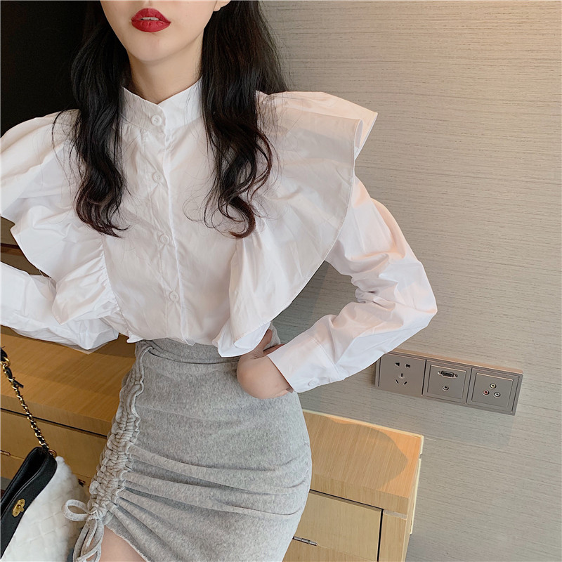 Nomikuma Women Blouse Korean Ruffle Patchwork Stand Neck Shirts Autumn New Long Sleeve Sweet Femme Blusas Mujer 6D145 210427