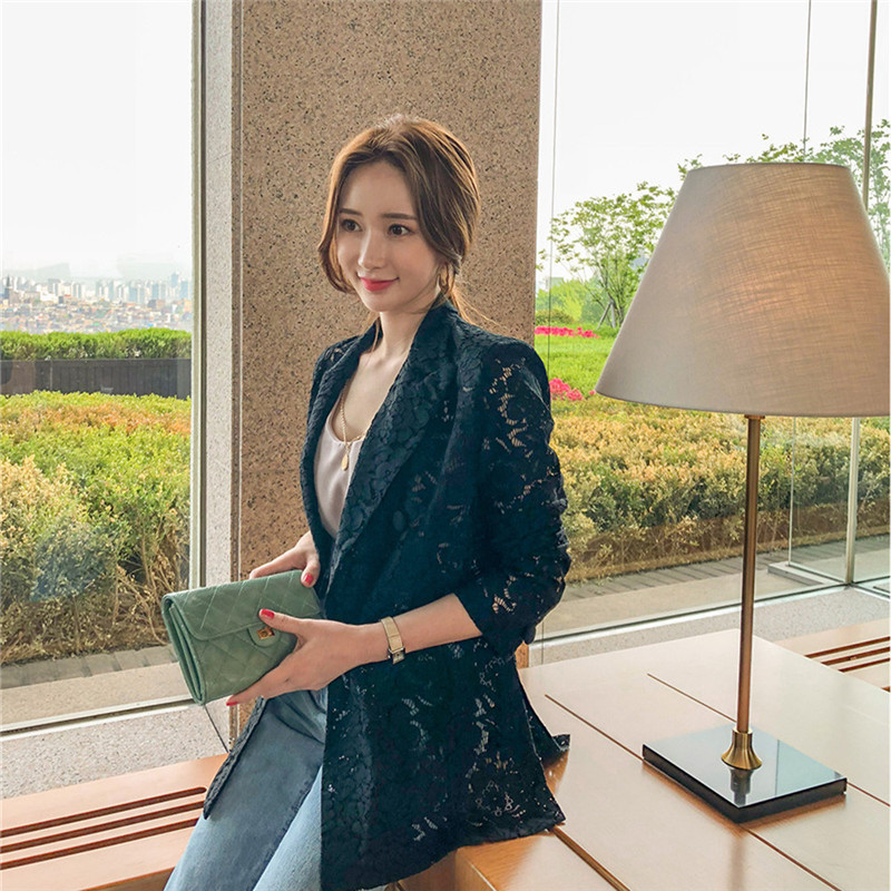Double-breasted Sunscreen Lace Blazers Women Summer Office Lady Solid Minimalist OL Suit Jacket Tops Plus Size 210421