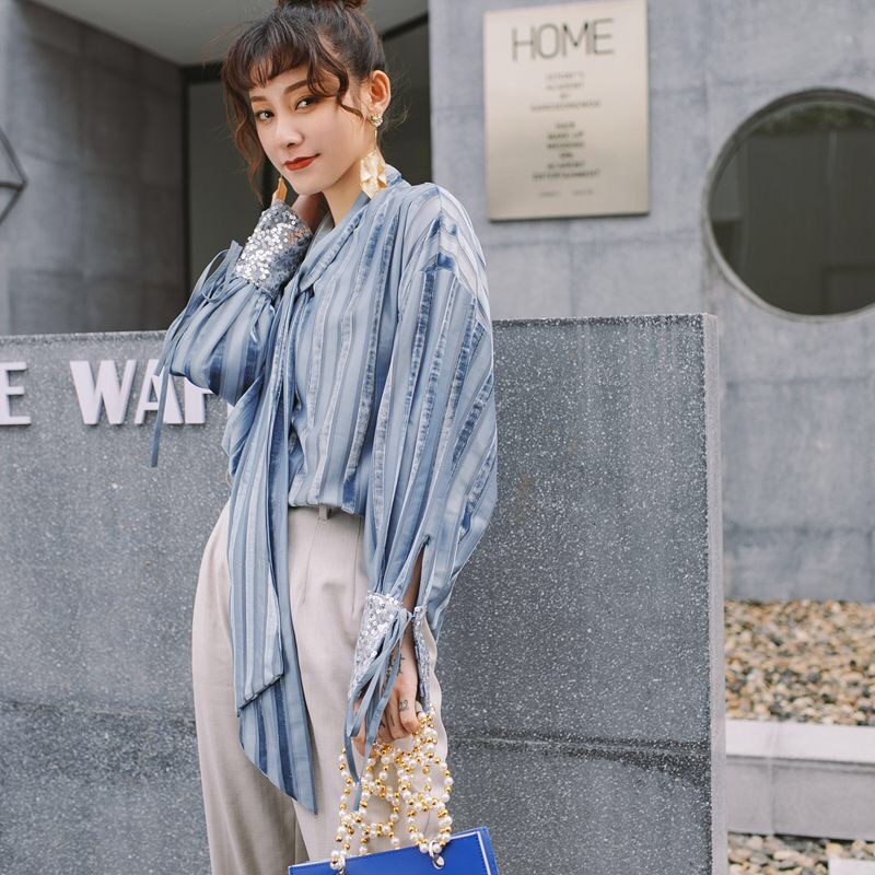 women striped big size blouse sequined long sleeve lace up bow loose pluse shirt fashion spring summer 210421