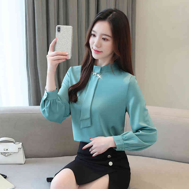 blusas mujer de moda dames blouses lange mouwen womens tops and Office Lady Stand lantern Sleeve shirt 7040 50 210427