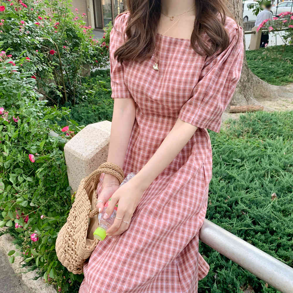 square collar Summer Women Cotton Linen Casual half Sleeve Dresses Female Dress plaid pink Boho Robe Femme Vestido 210417Z