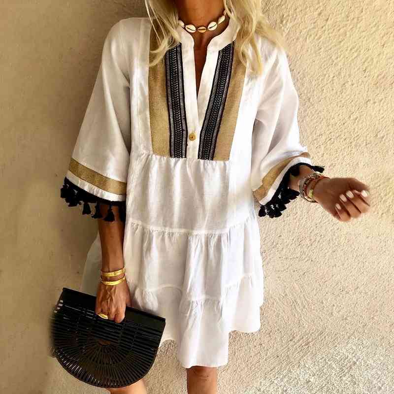 Fashion Tassel Sleeve Women Dress V Neck Lady Patchwork Dress Loose Casual Empire Knee Length Tassel Sleeve Dress 210331Z