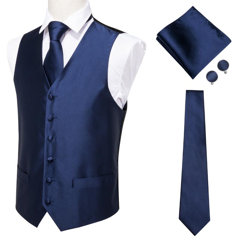 Bundles Deal Men's Vest Plain Blue Silk Wedding Business For Men Necktie Hanky Cufflinks Tie Set Suit Tuxedo Solid Vests