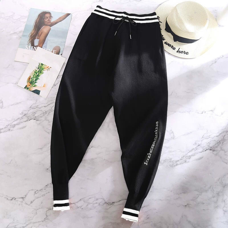Nomikuma Knitted Stripe Harem Pants Autumn Winter Thick Sweater Women Trousers Lace Up Stretch High Waist Ankle Pants 6C815 210427