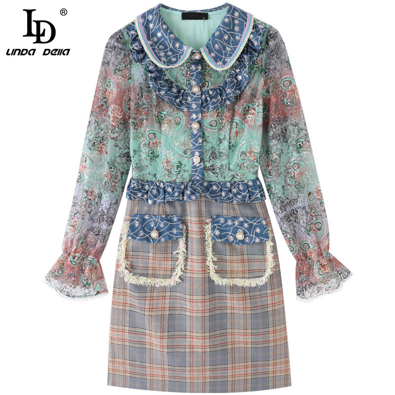 Summer Fashion Runway Elegant Plaid Short Dress Women Long sleeve Floral print Patchwork Lady Vintage Mini 210522