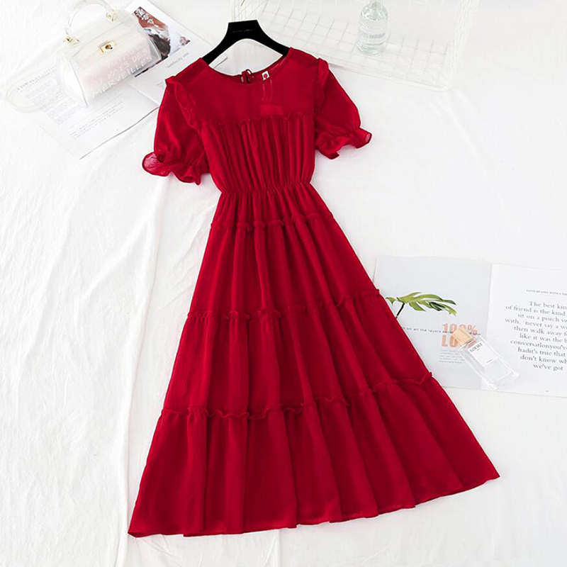 Women Solid Ruffles Summer Dress Boho Vintage Party Chiffon Dresses Elegant A-Line Korean Midi Long Dress Short Sleeve vestidos 210521
