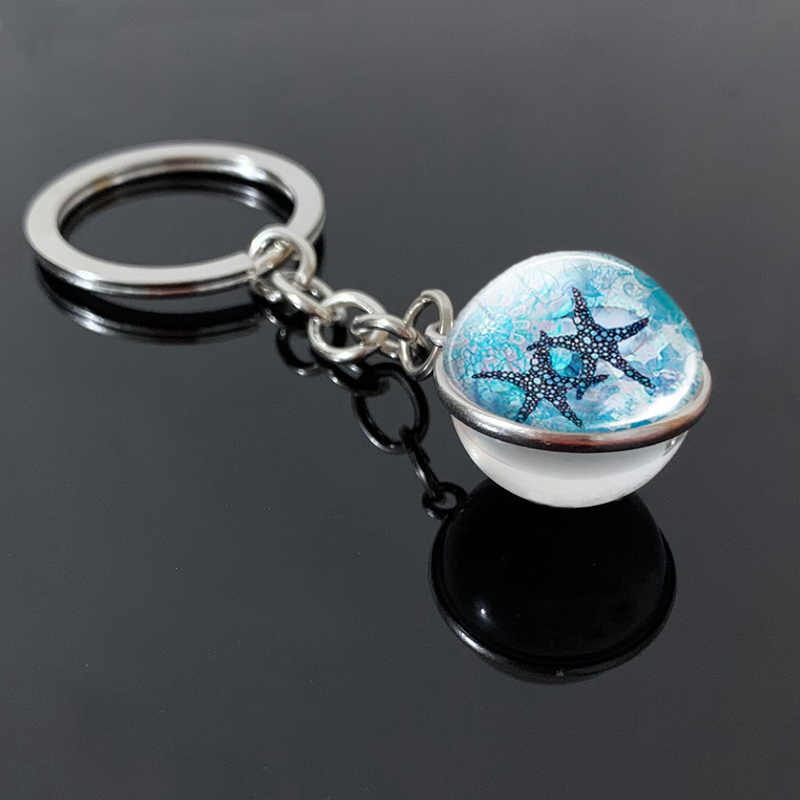 New Turtle Dolphin Shell Glass Ball Keychain Glass Ball Convex Jewelry Marine Souvenir Pendant Gift Keyfob Key Ring