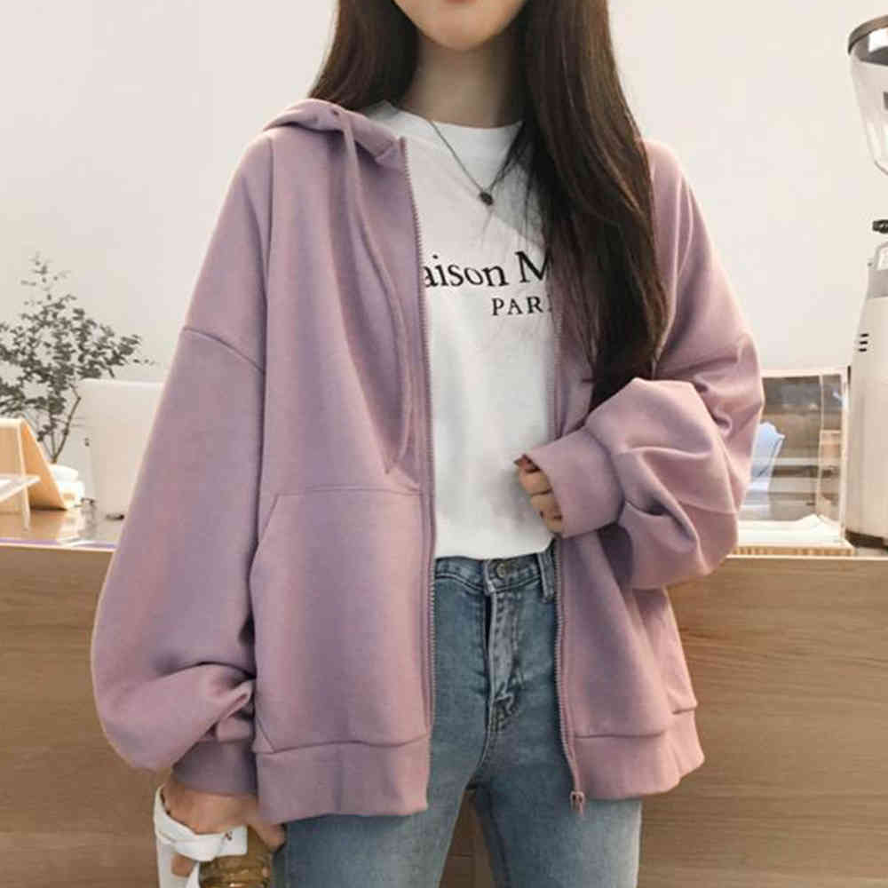 Women Korean pop Solid Zipper Up Hoodies Boyfriend Style Loose Coat Autumn Jackets Plus Size Outwear Fashion 210428