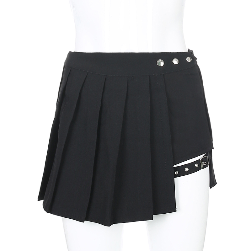 SUCHCUTE sexy gothic high waist women pleated mini skirt with short ribbons A-line Skirts streetwear solid female party outfits 210408