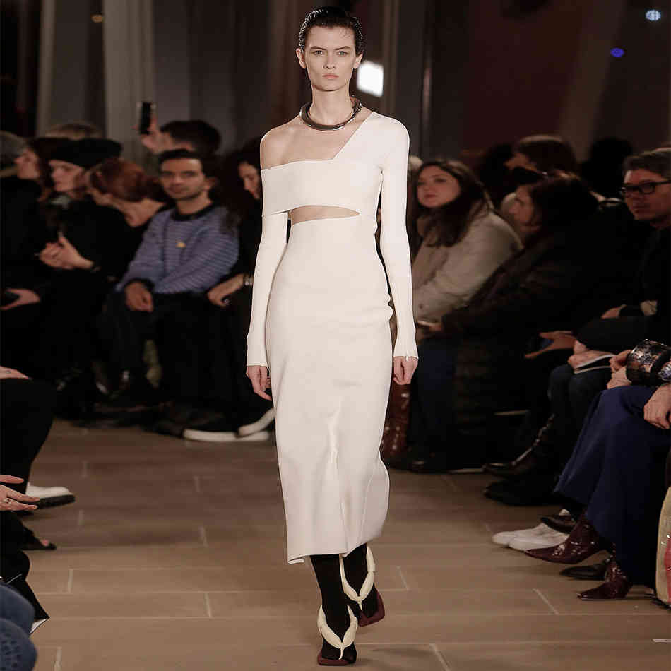 Winter Women One Shoulder Long Sleeve Bandage Dress Sexy Hollow Out White Celebrity Runway Party Bodycon Dresses 210423