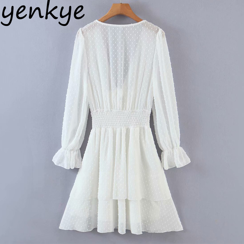 Women White Chiffon Dress Sexy Knot V Neck Long Sleeve Summer Elegant Ladies Elastic Waist A Line Vestido 210430