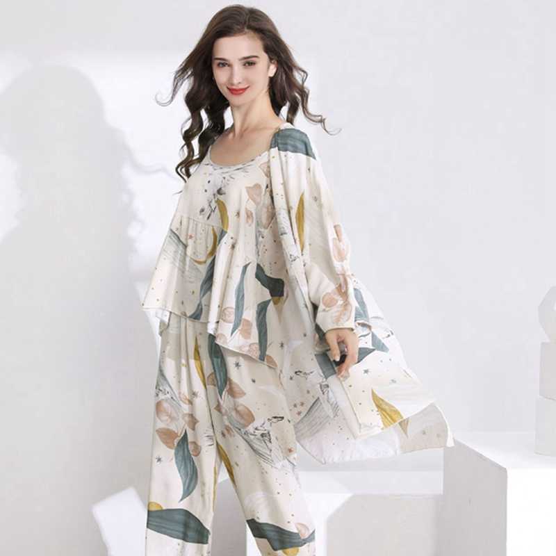 JULY'S S SONG 3 Pcs Women Pajamas Set Female Pyjama Loose Viscose Floral Printed Sleepwear Star Nightwear Spring Summer Robe 210924