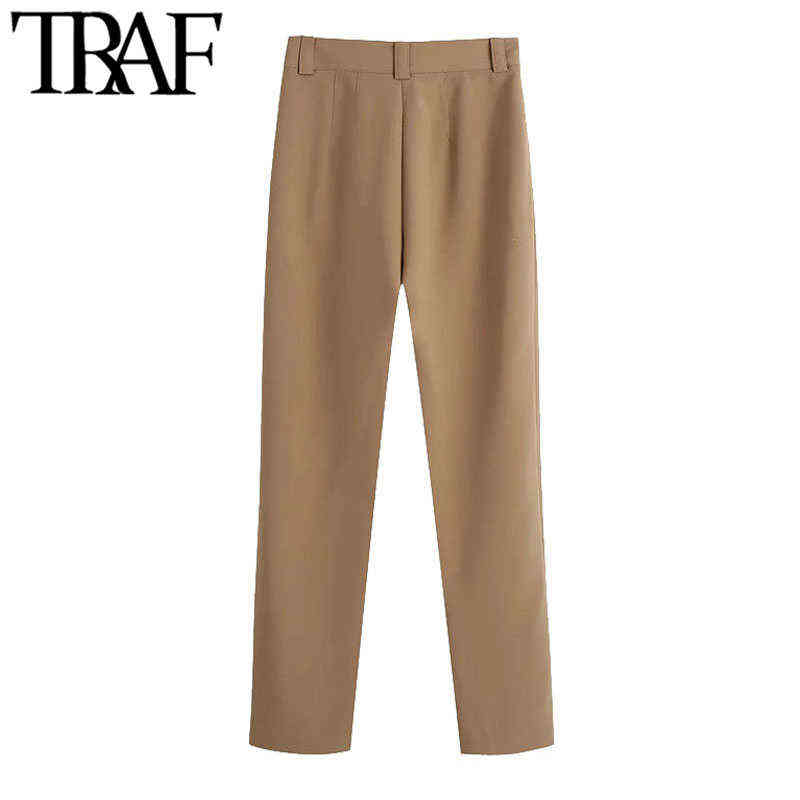 TRAF Women Fashion With Seam Detail Straight Pants Vintage High Waist Zipper Fly Office Wear Female Trousers Mujer 211124Z