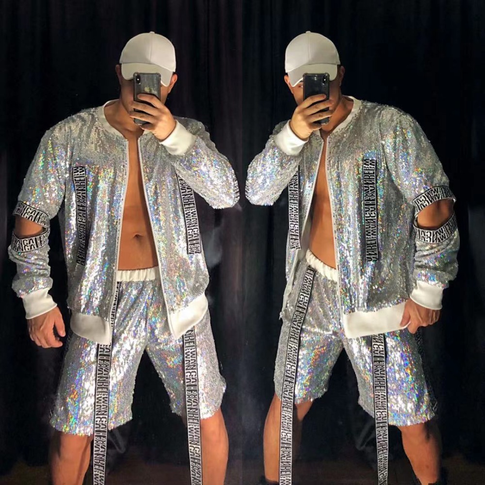 Men's Loose Silver Two-piece Set Hip Hop Dance Stage Wear Fashion Hollow Out Shiny Sequins Jacket Pants Baseball Suit Nightclub Tide Jazz Rock Pe