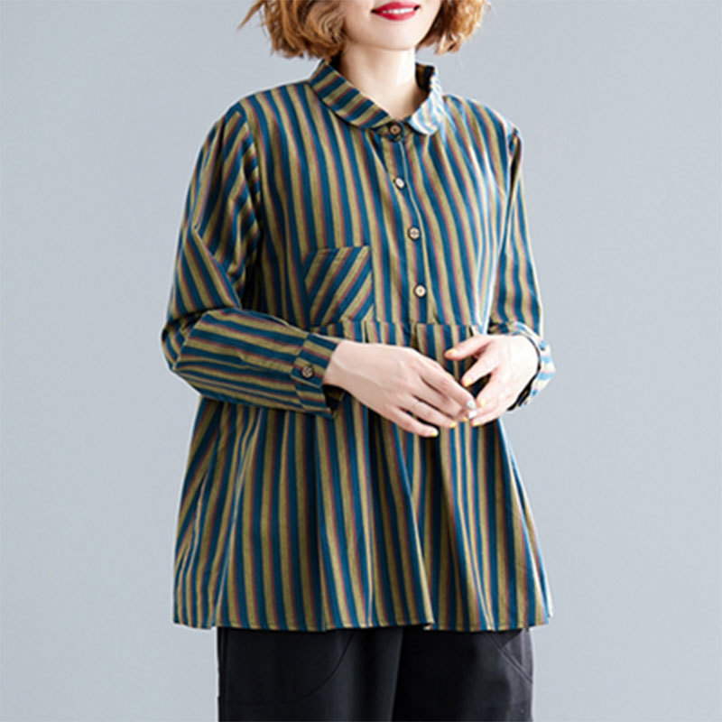 Spring Autumn Arts Style Women Long Sleeve Loose Casual Blouse Cotton Linen Vintage Striped Shirts Plus Size M605 210512