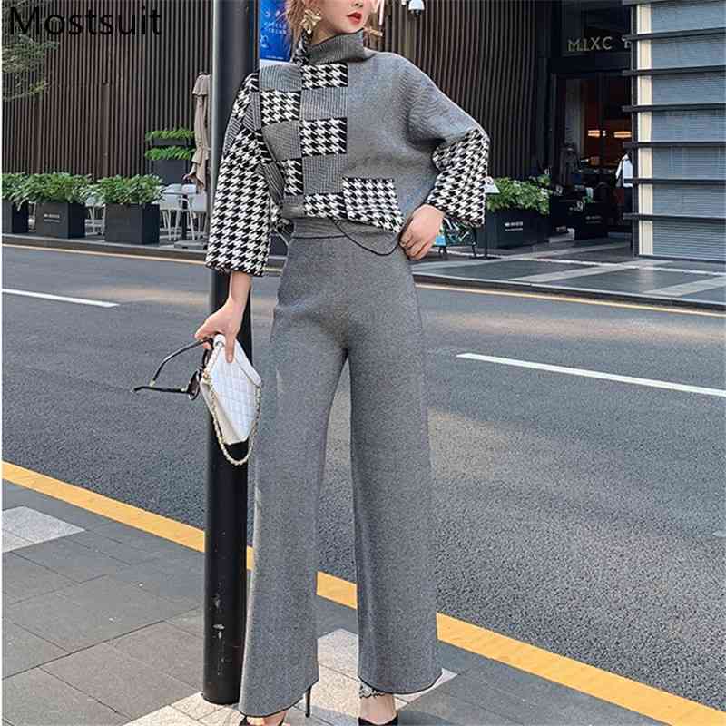 Spring Houndstooth Knitted 2 Piece Sets Outfits Women Turtleneck Tops + Wide Leg Pants Suits Fashion Elegant Office 210518, Grey
Spring Houndstooth Knitted 2 Piece Sets Outfits Women Turtleneck Tops + Wide Leg Pants Suits Fashion Elegant Office 210518, Grey