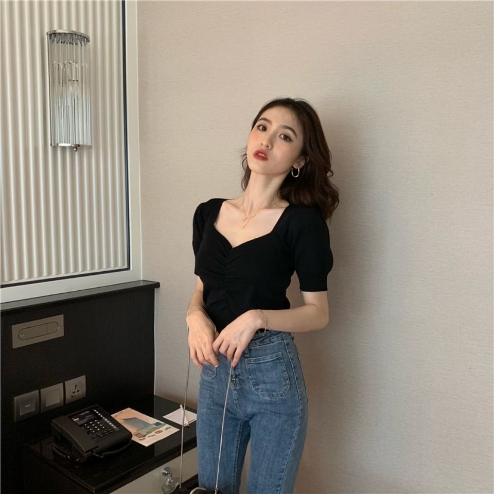 Wonder Knitted Short Sleeve T Shirts Retro V-Neck Puff Tees Vintage Korean Pleated Ladies Elastic 210510