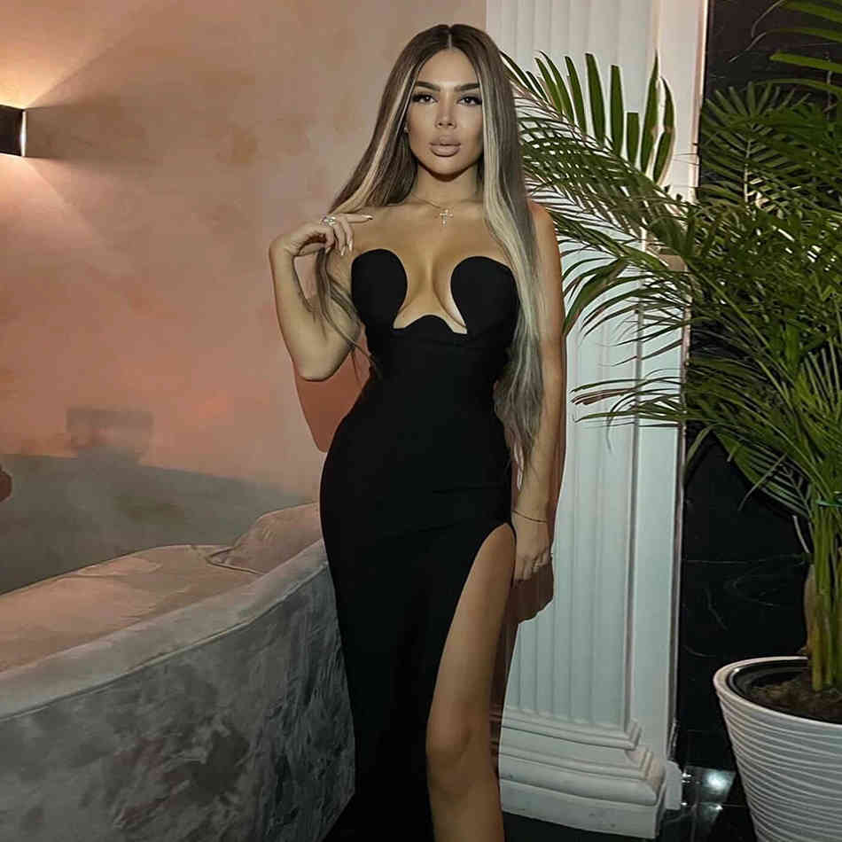 Free Chic Black Dress Sexy Strapless Sleevelss Side Split Celebrity Party Club Bandage Maxi Long 210525