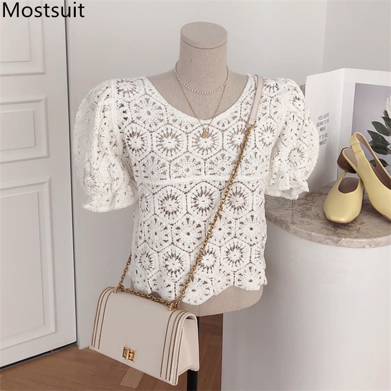 Summer Korean Hollow Blouses Tops Women Puff Sleeve O-neck Fashion Elegant Ladies Pullovers Shirts Blusas Mujer 210518, Apricot
Summer Korean Hollow Blouses Tops Women Puff Sleeve O-neck Fashion Elegant Ladies Pullovers Shirts Blusas Mujer 210518, Apricot