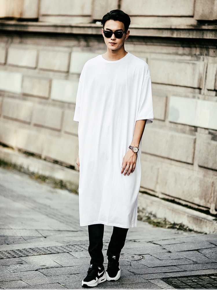 Summer short-sleeved Korean men's long t-shirt over the knee white big money in half-sleeve loose 210629