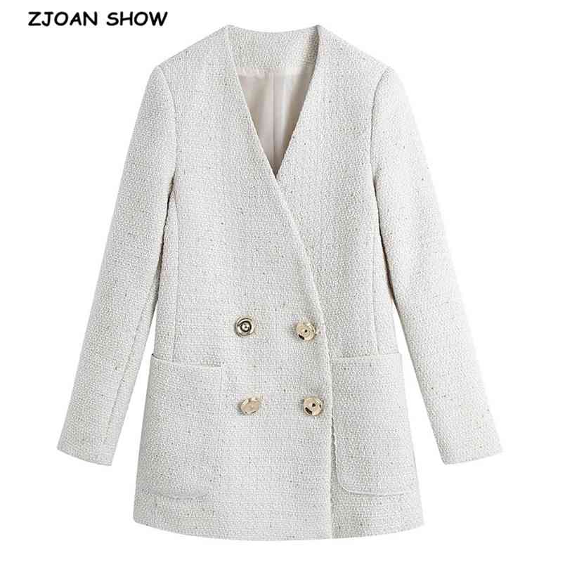 Women V neck Woolen Tweed Solid Color Blazer Vintage Elegant Double-breasted Buttons Suit White Female Coat 210429
Women V neck Woolen Tweed Solid Color Blazer Vintage Elegant Double-breasted Buttons Suit White Female Coat 210429