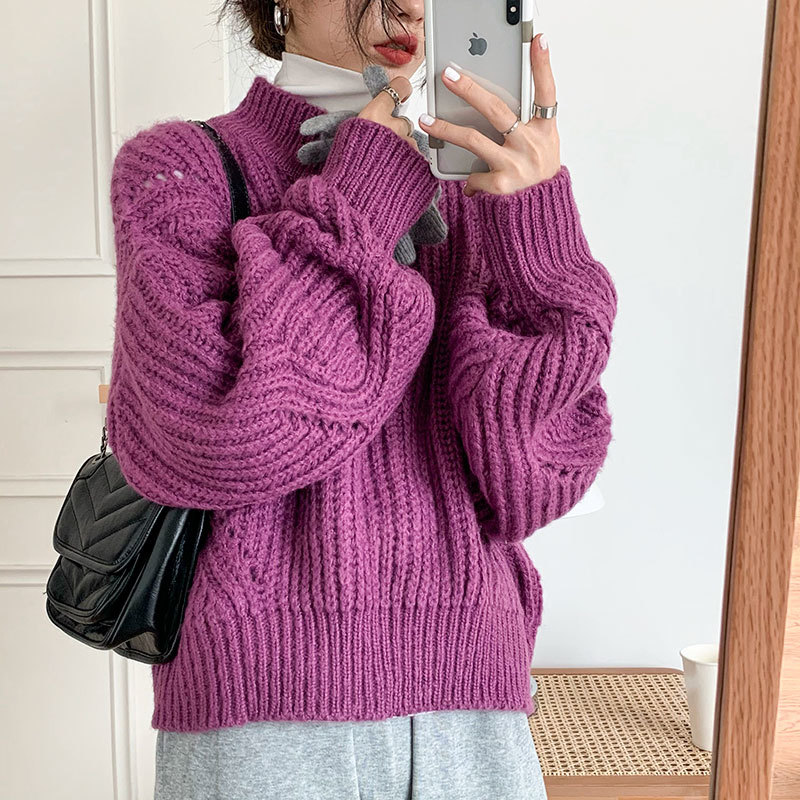 Autumn Winter OL Outwear Tops Vintage Twist Lantern Sleeve Sweater Women Elegant Loose Knitted Sweaters Female 210421