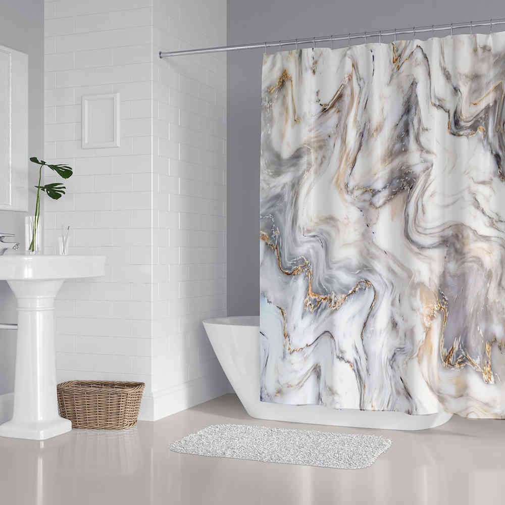 Marble Shower Curtain Sets With Nonslip Bathroom RugToilet Lid CoverBath MatDurable Waterproof Bath Curtain For Bathtub 210402