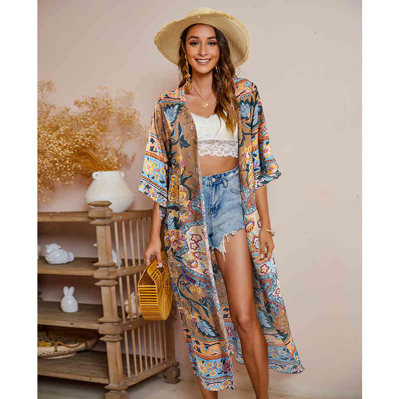 Boho Printed Bikini Wrap Cover-ups Sexy 3/4 Sleeve Summer Kimono Dress Women Plus Size Beach Wear Swim Suit Cover Up A855 210420