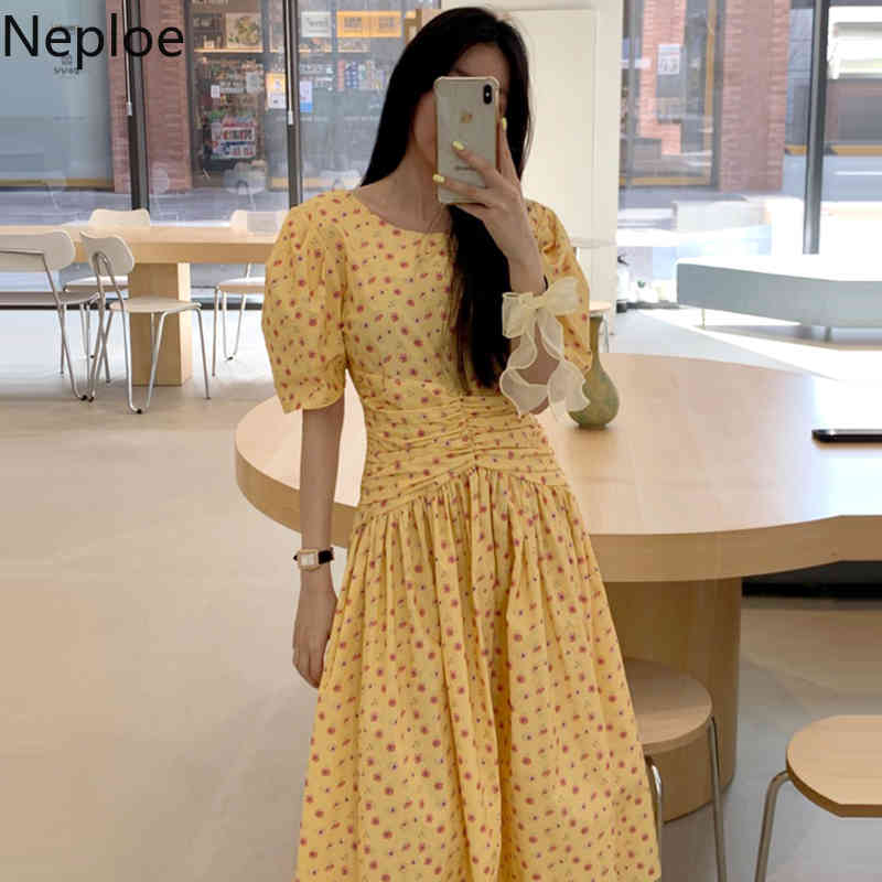 Neploe Women Dress Summer Korean Chic Robe Sweet O Neck Floral Ruffles Slim Vestidos Pleated Temperament Vintage Dresses 210422