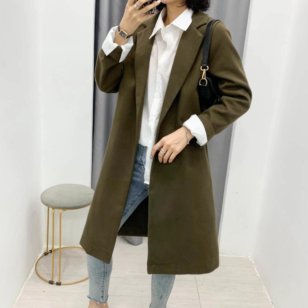 Winter Woolen Blends Mid Long Coat Women NO buttons Sleeve OL Trench Slim fit Outerwear 210429