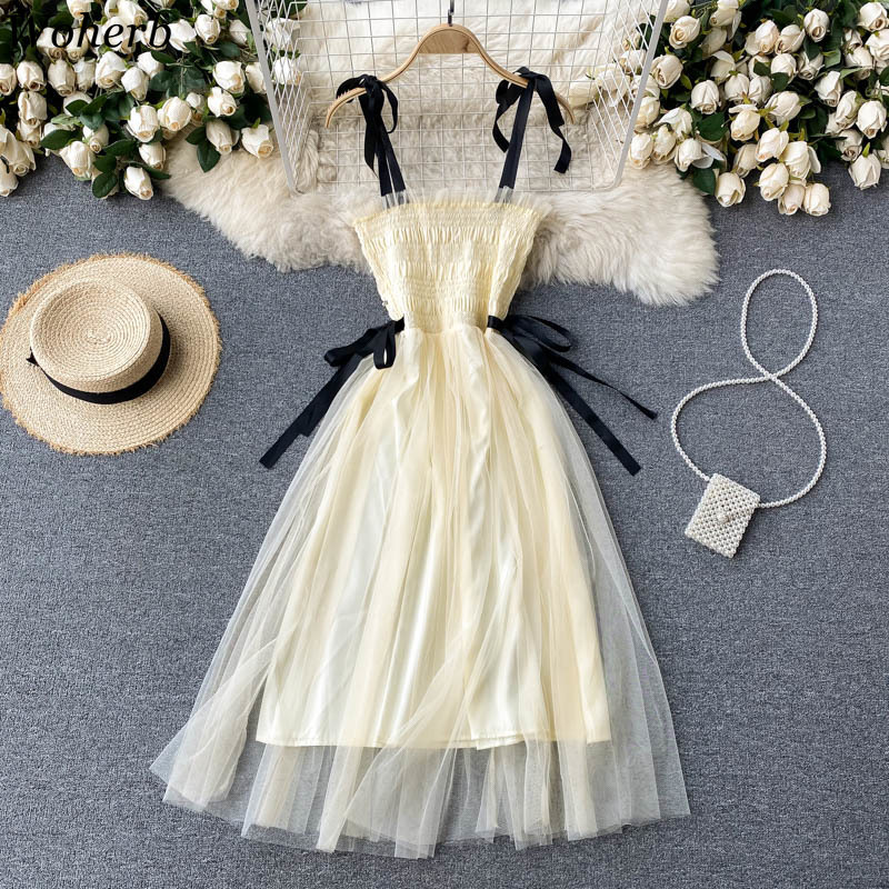 Sweet Dress Female Summer Strap Beading Lace-up Bow Slim Waist A-line Dresses Chic Elegant Ruffle Gauze Party 210519