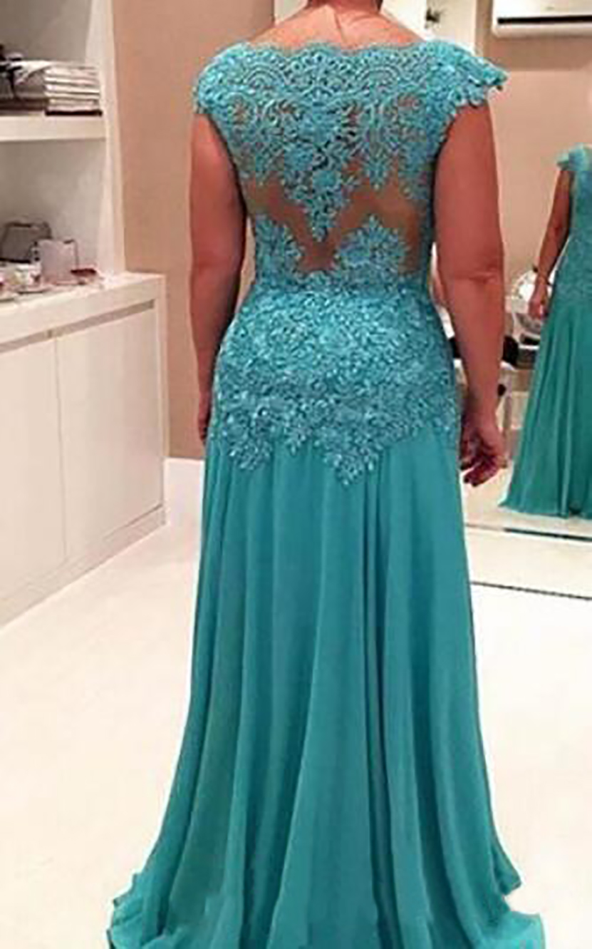 Turquoise Lace Mother Of The Bride Dresses Chiffon Mermaid Moms V Neck Cap Sleeve Applique Formal Evening Gowns Hot Selling