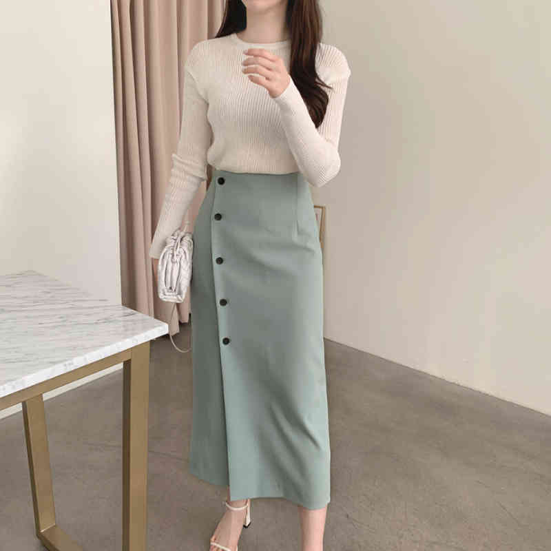 Nomikuma Woman Skirts Vintage Single Breasted High Waist Korean Skirt Causal Fashion Split Faldas Mujer Moda New 6G730 210427