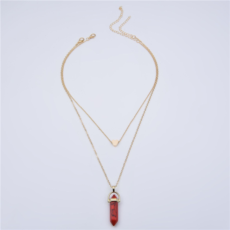 Natural Stones Heart Necklace Fashion Crystal Quartz Chakra Bullet Hexagonal Prism Point Healing Pendant Necklaces Double Layer Gold Chain for Women P