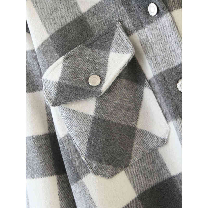 Women Autumn Plaid Print Gray Long Jackets Outwear Female Fashion Sleeve Pockets Single Breasted Jacket Coat mujer 210421
