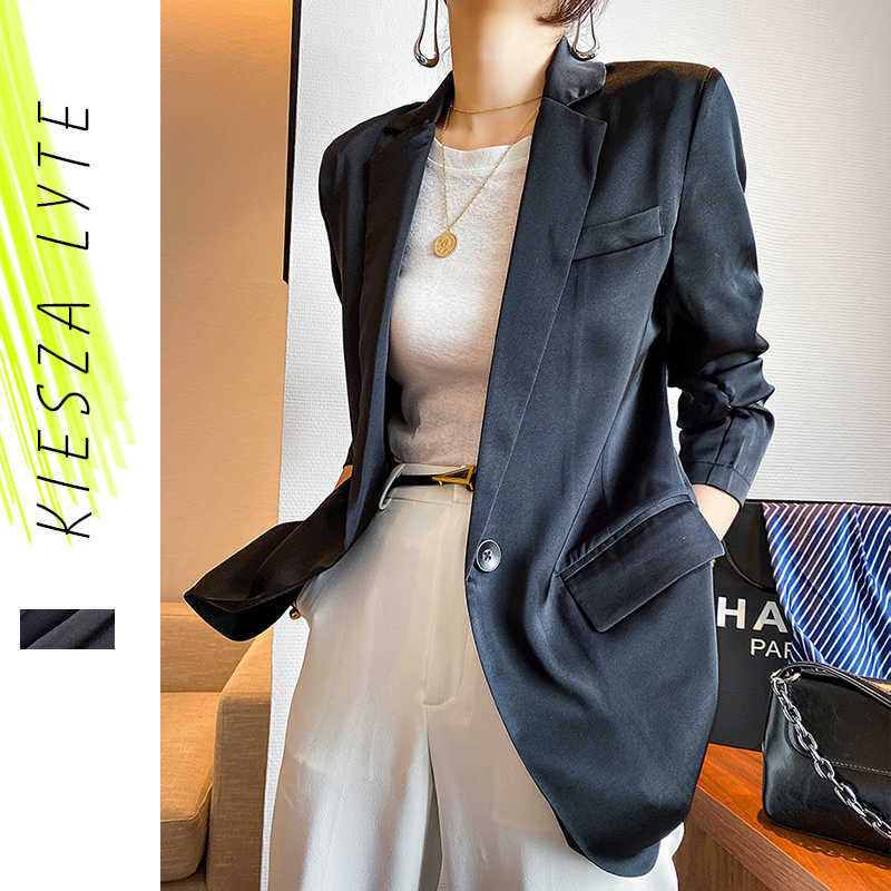 Women black satin blazer lady office work female decent summer femme thin suit jackets 210608
Women black satin blazer lady office work female decent summer femme thin suit jackets 210608