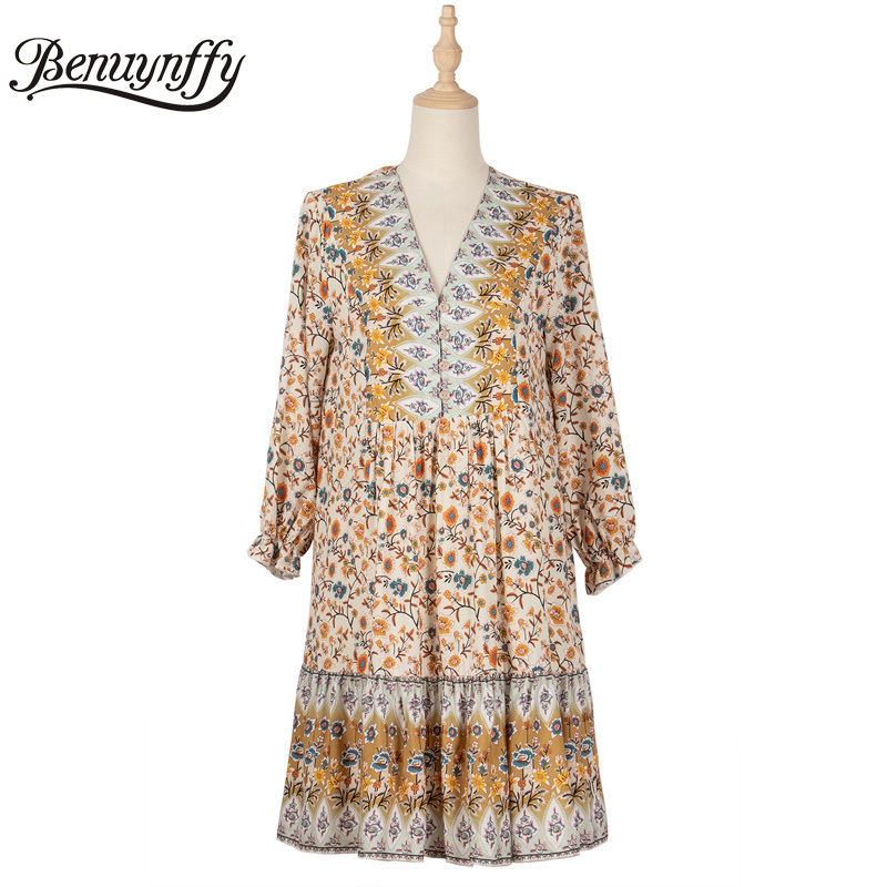 V-neck Button Front Loose Bohemian Short Dresses Summer Women Vacation Casual Boho Floral Print 3/4 Sleeve Dress 210510