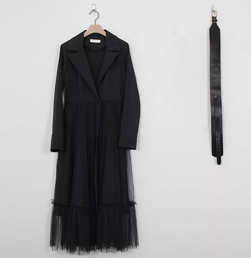 Autumn Women Midi Blazer Dress Runway Black Patchwork Mesh Noeched Collar Elegant Long Sleeve Slim Belt navid 210421